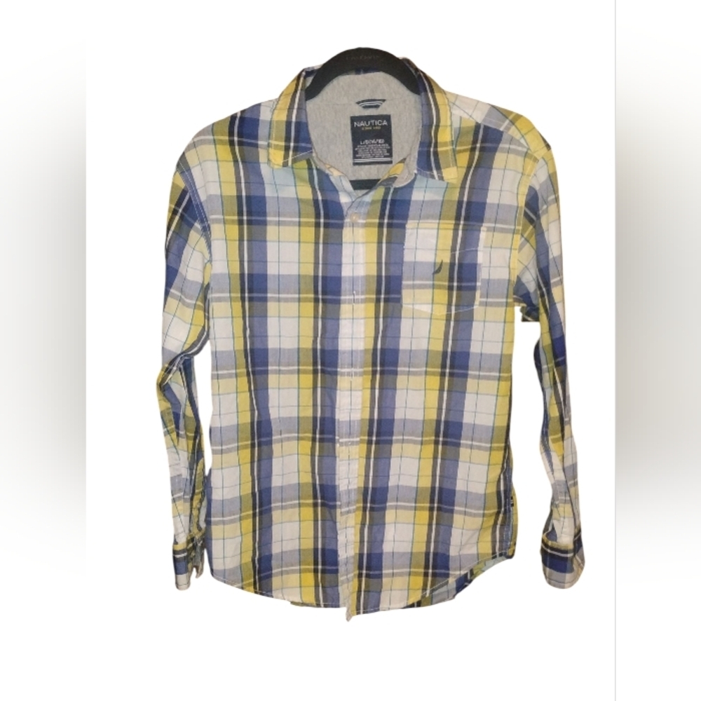 Nautica Boys Yellow, Blue Plaid Long Sleeve Button Down Shirt Size 14
